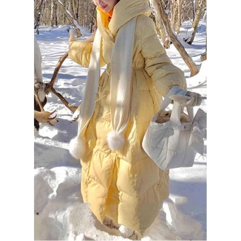 Fashion Yellow Hooded Tie Waist Fine Cotton Filled Puffers Jackets Winter