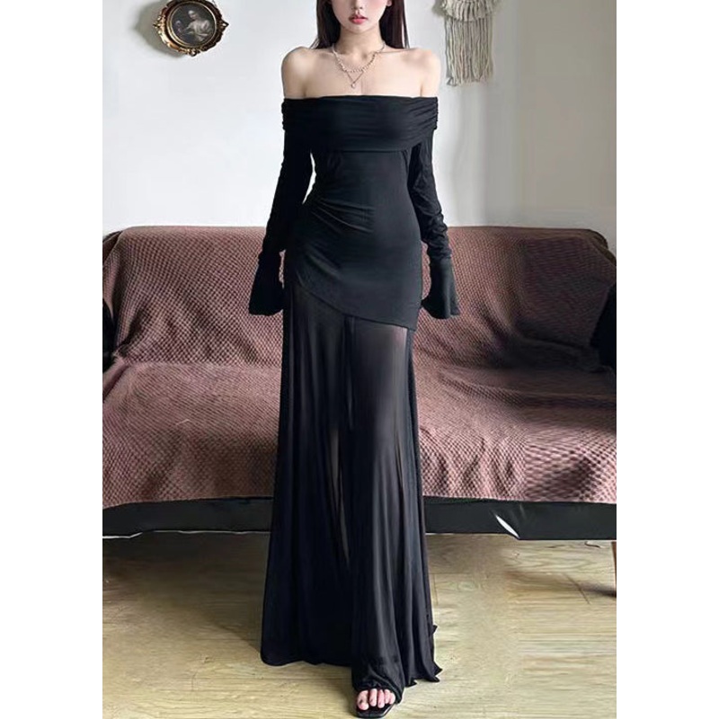 Fine Black Cold Shoulder Patchwork Tulle Party Dress Spring