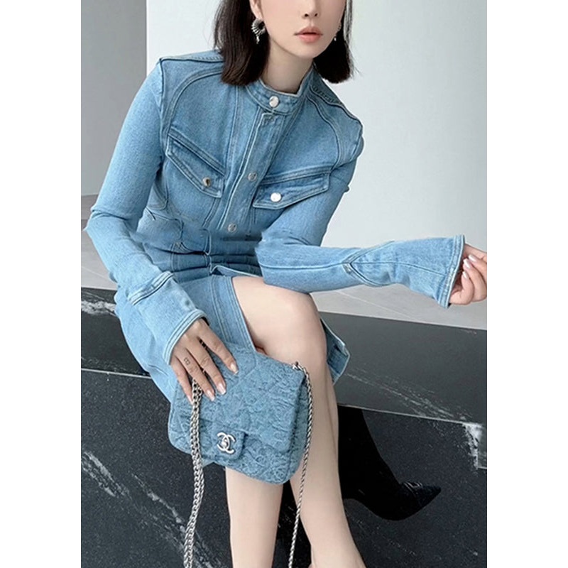 Fine Blue Stand Collar Patchwork Button Denim Long Dress Spring