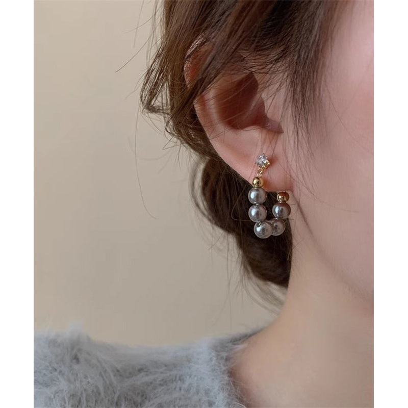Fine Grey Copper Alloy Pearl Beading Hoop Earrings