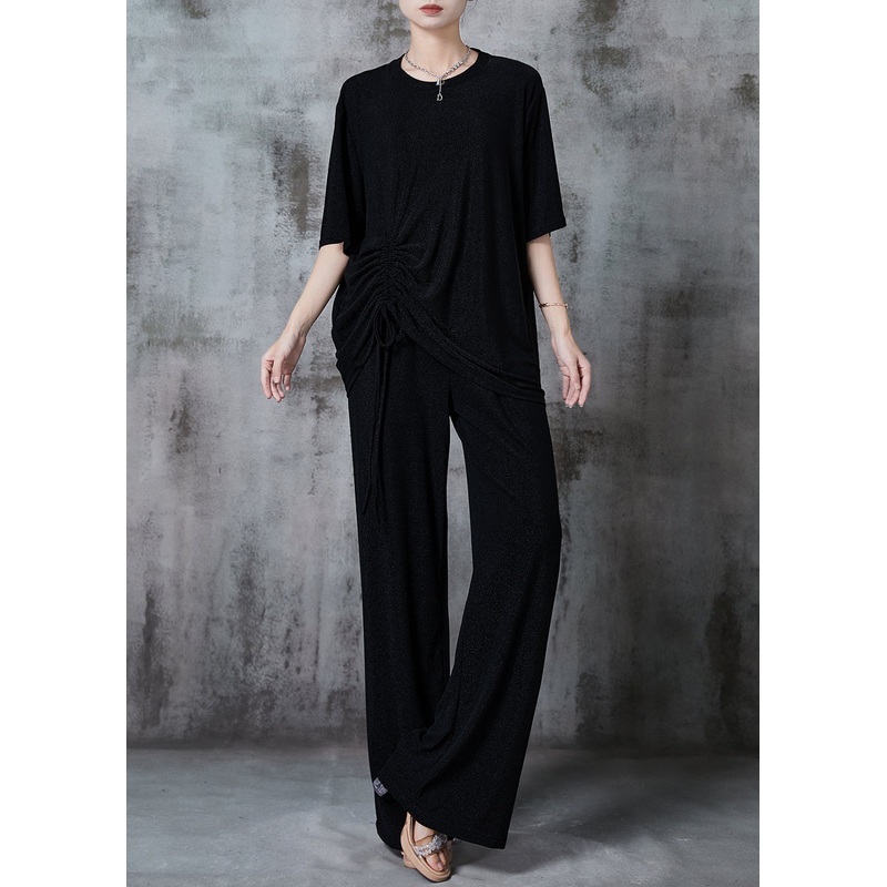 Fitted Black Cinched Silk Two Piece Suit Set Summer