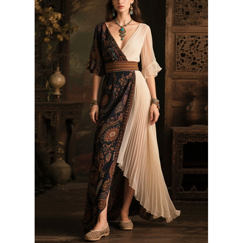 Fitted Colorblock Asymmetrical Patchwork Chiffon Pleated Dress Summer