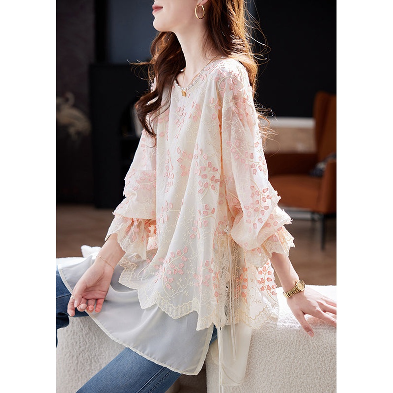 Fitted Pink O Neck Embroidered Patchwork Chiffon Tops Spring