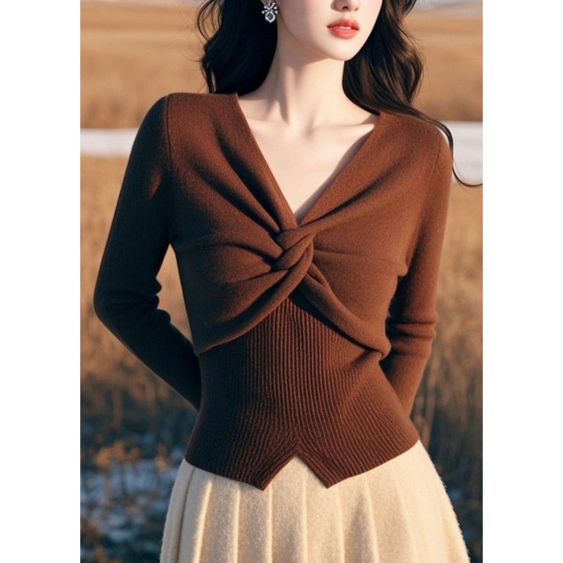 French Coffee V Neck Slim Fit Knitted Tops Spring