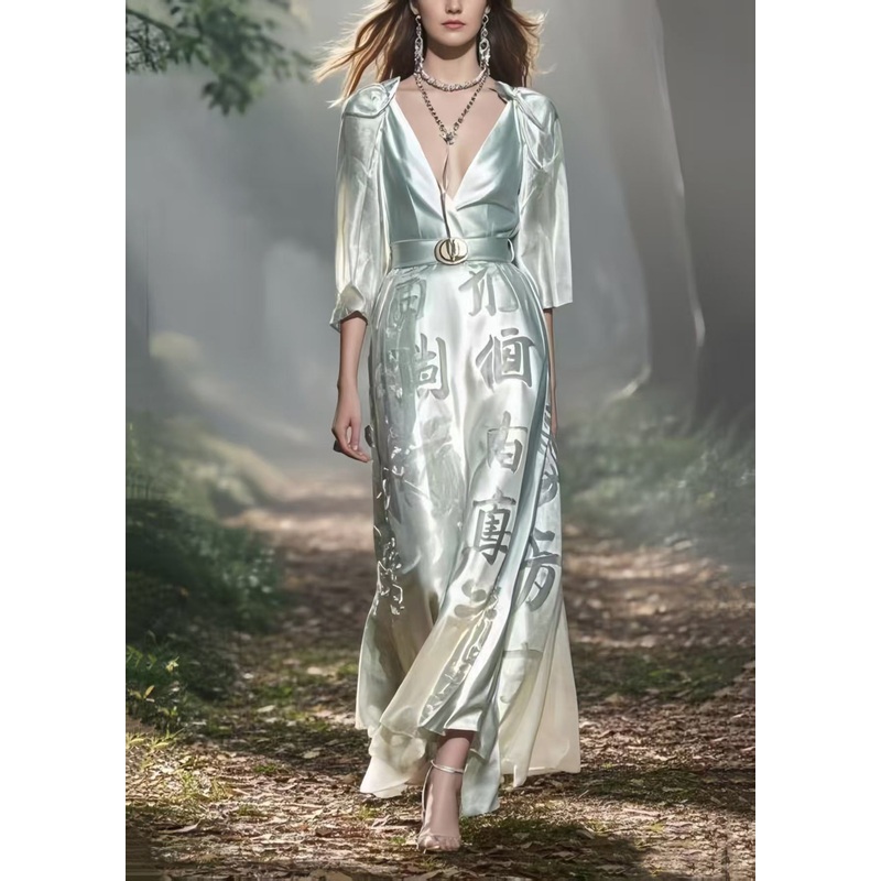 French White Deep-V Neck Print Silk Long Dress Bracelet Sleeve