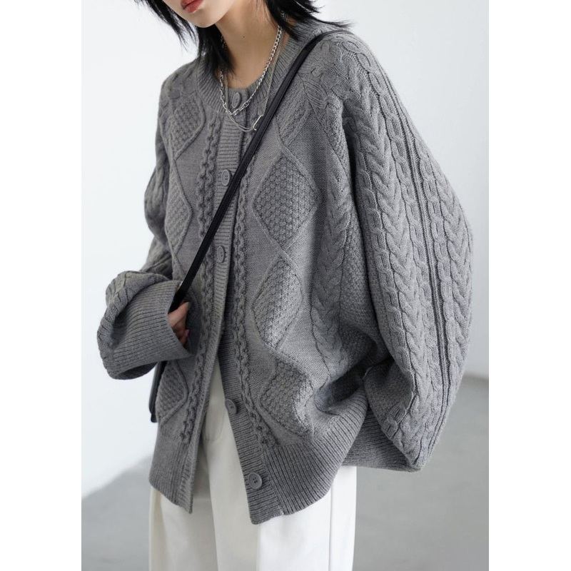 Grey Button Cozy Loose Knit Coat O Neck Spring