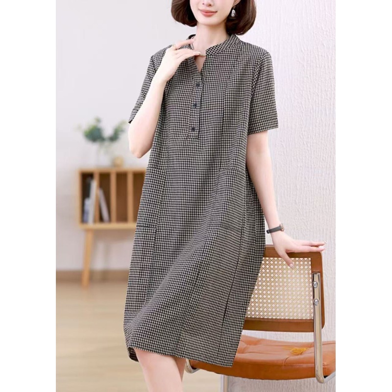Grey Plaid Linen Mid Dresses Stand Collar Summer