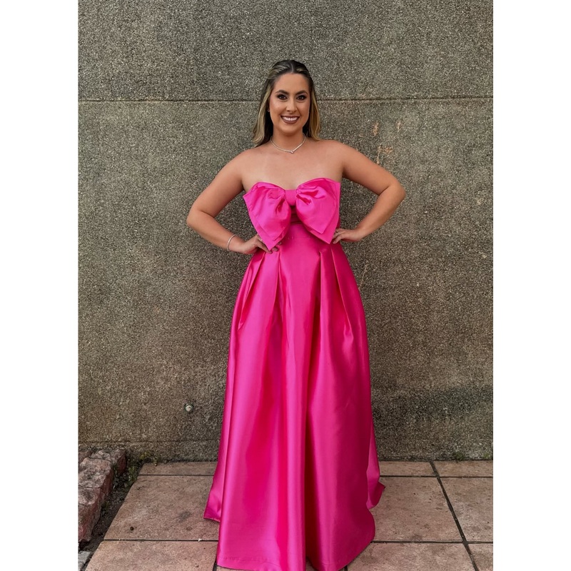 Hot Pink A Line Satin Prom Dress Bow-Knot Wedding Guest Dress J7811