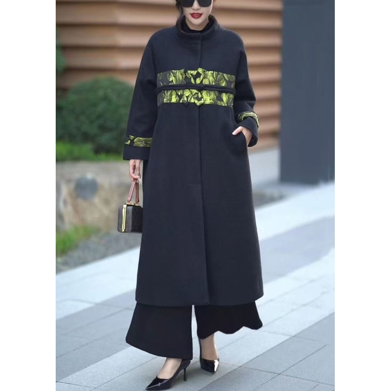 Italian Black Pockets Patchwork Woolen Long Coats Winter