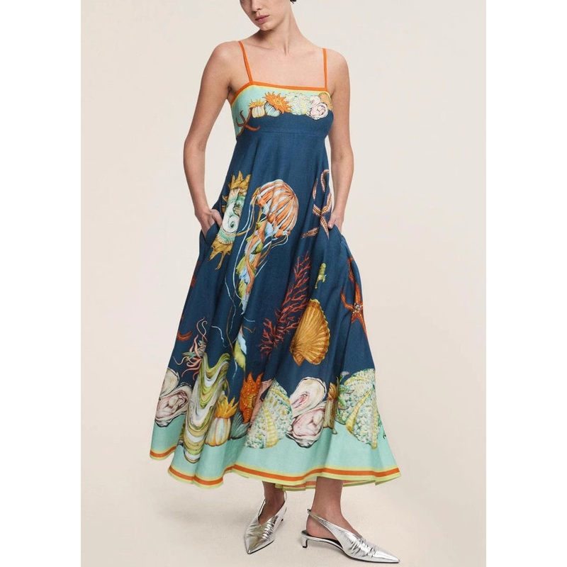 Italian Navy Print Pockets Linen Spaghetti Strap Dress Sleeveless