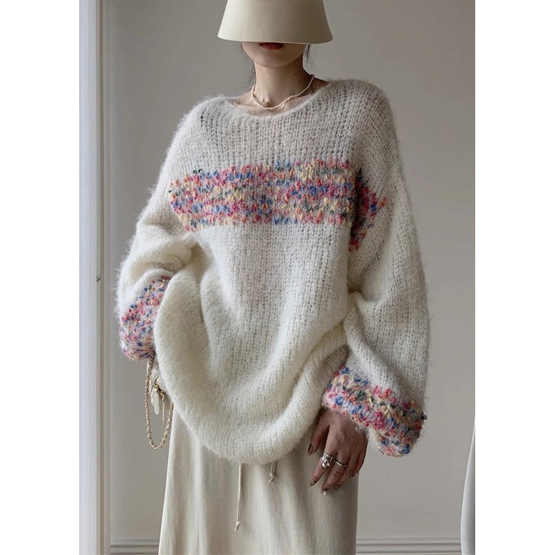Loose Beige O Neck Hollow Out Knit Sweaters Spring