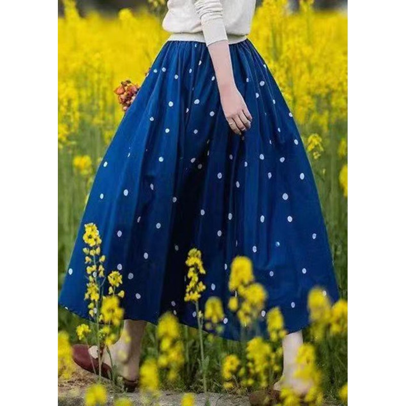 Loose Blue Dot Elastic Waist Cotton Skirt Summer
