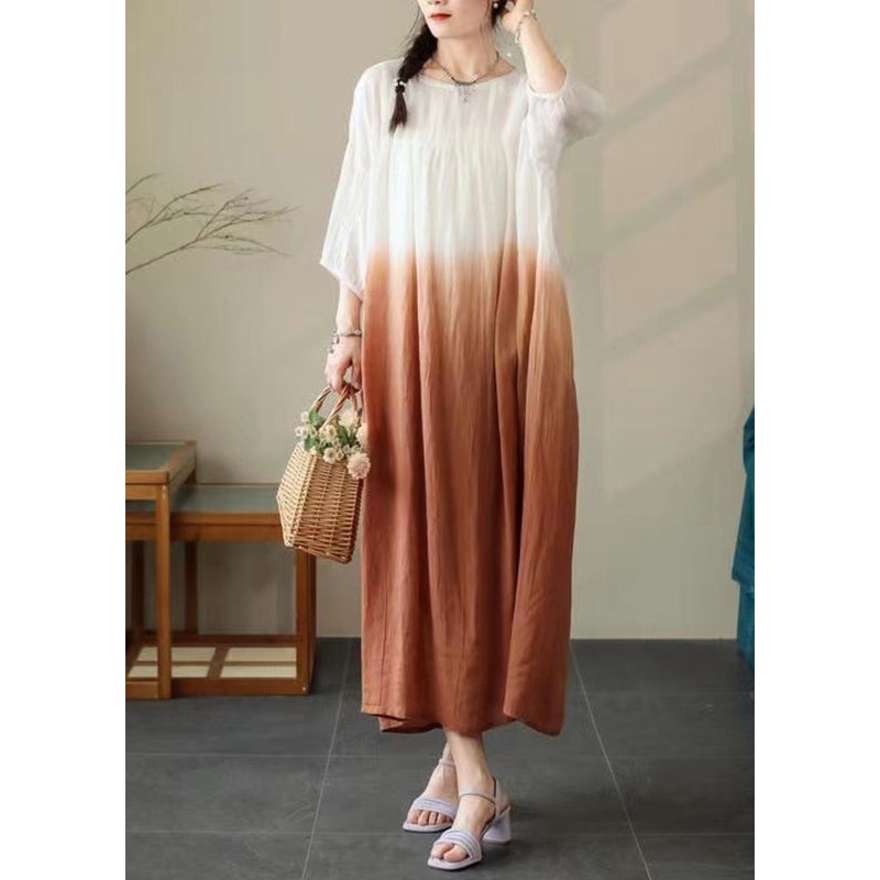 Loose Brown Gradient Color Pockets Cotton Dress Half Sleeve