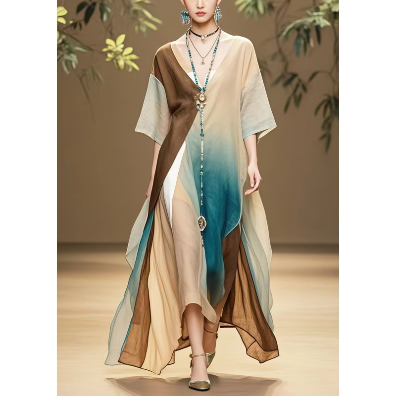 Loose Colorblock Asymmetrical Design Cotton Maxi Dresses Summer
