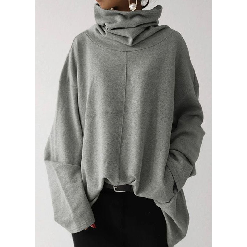 Loose Grey Hign Neck Patchwork Cotton Pullover Streetwear Spring