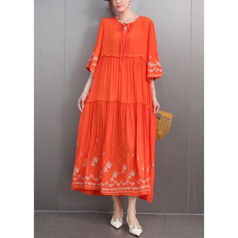 Loose Orange Embroidered Lace Up Pockets Cotton Dresses Half Sleeve