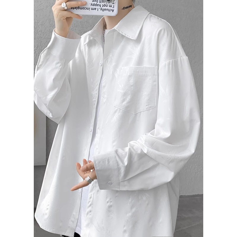 Loose White Peter Pan Collar Button Print Cotton Mens Shirt Spring