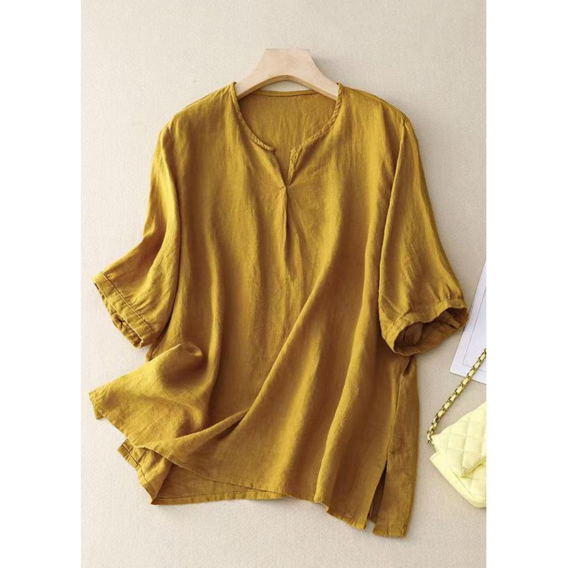 Loose Yellow V Neck Side Open Linen Shirt Half Sleeve