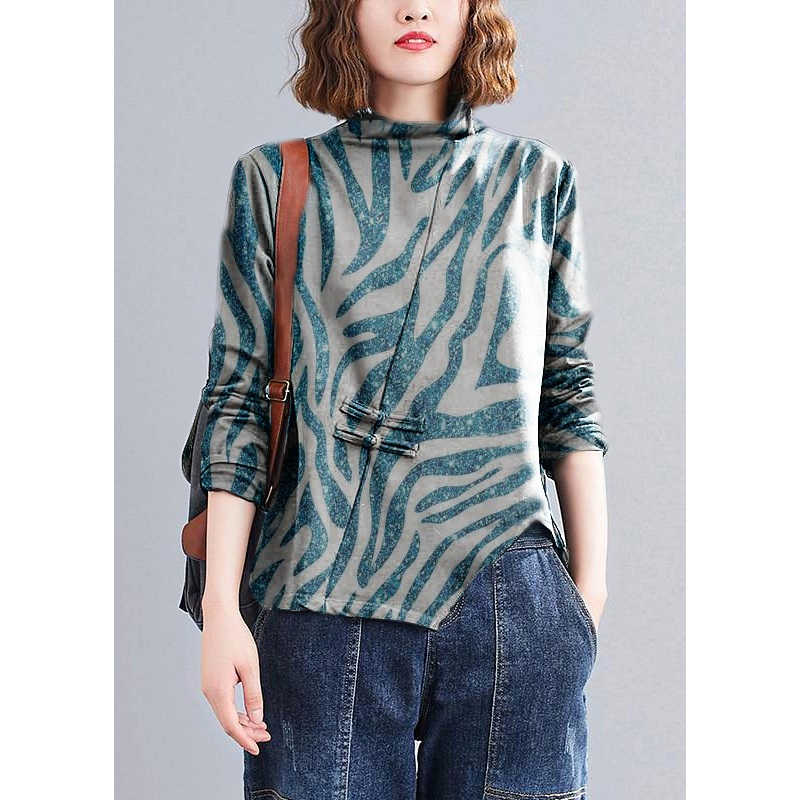 Natural Blue texture Blouse high neck Chinese Button Knee tops