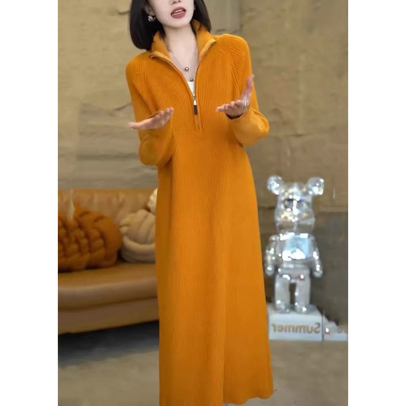 Natural Orange Zip Up Long Knit Knitwear Dress Winter