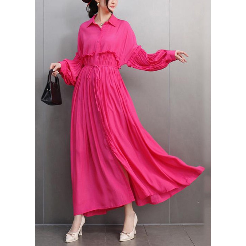Natural Red Peter Pan Collar Ruffled Patchwork Maxi Dresses Long Sleeve