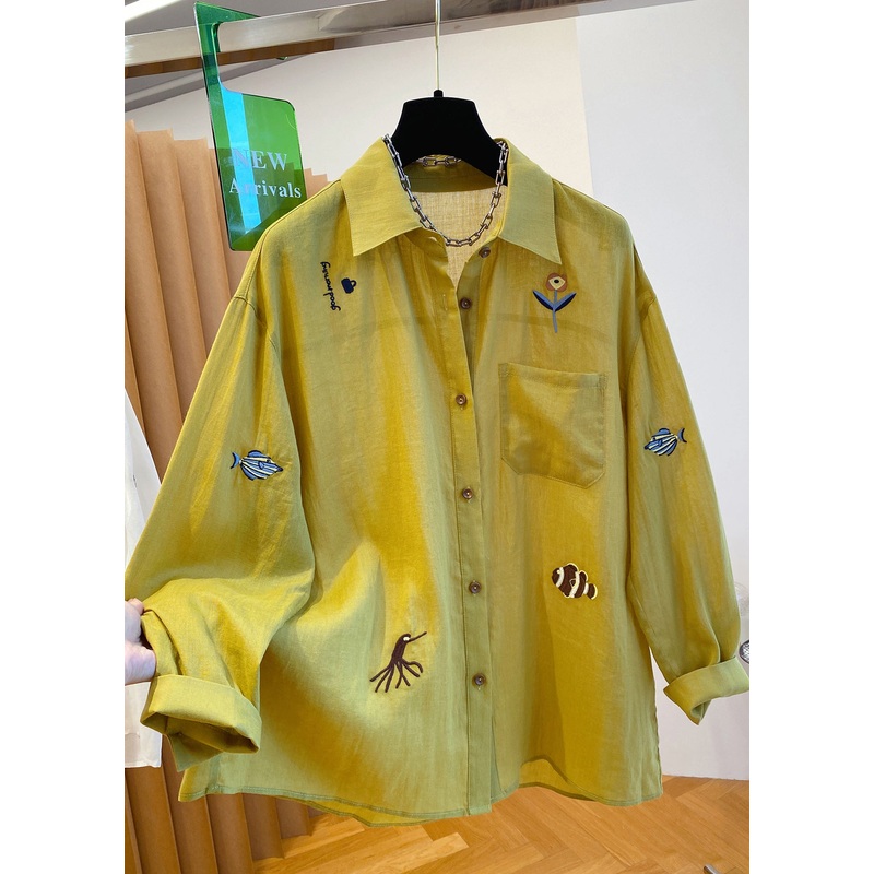 Natural Yellow Peter Pan Collar Embroidered Cotton Shirt Tops Fall
