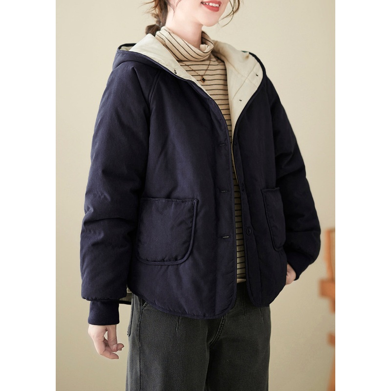 Navy Fine Cotton Filled Loose Hooded Jacket Pockets Button Spring