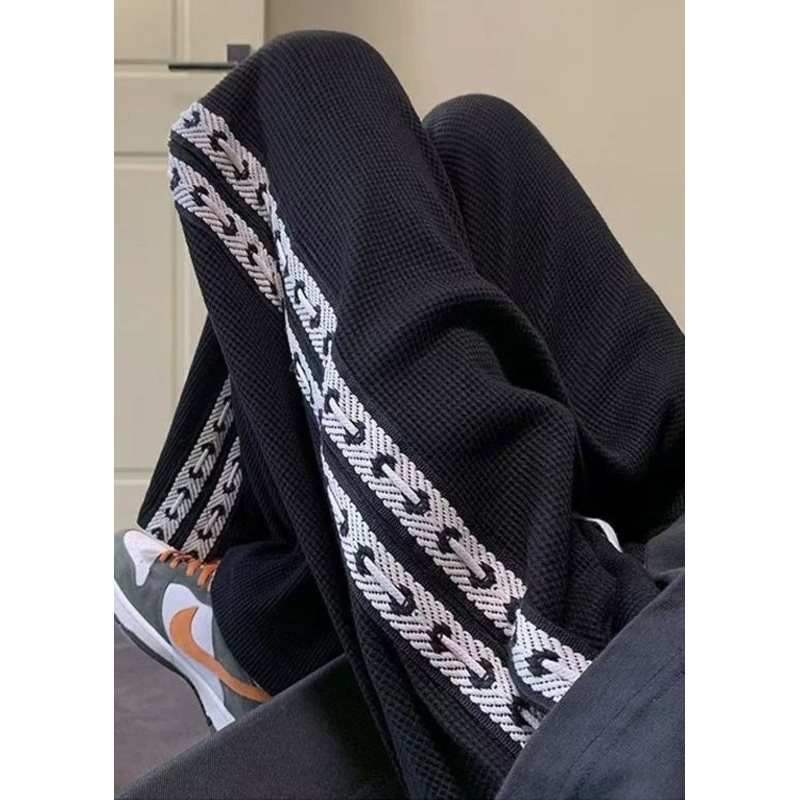 New Black Pockets Elastic Waist Patchwork Warm Fleece Men Pants Spring