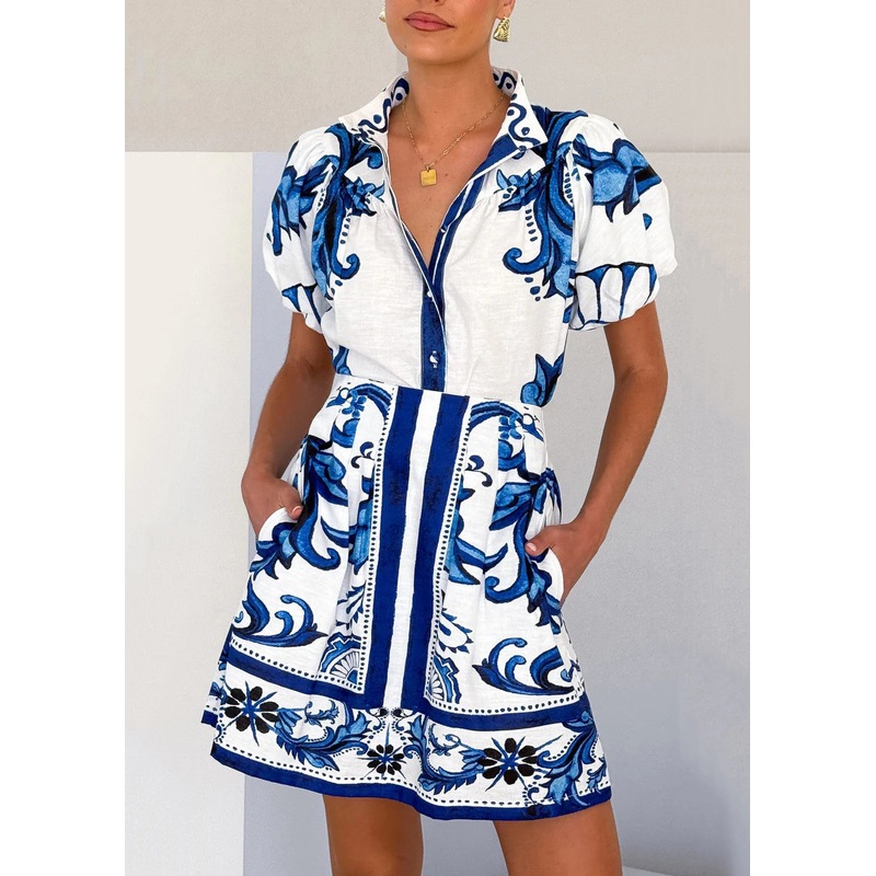 New Blue Stand Collar Shirts And Skirts Linen Two Pieces Set Summer