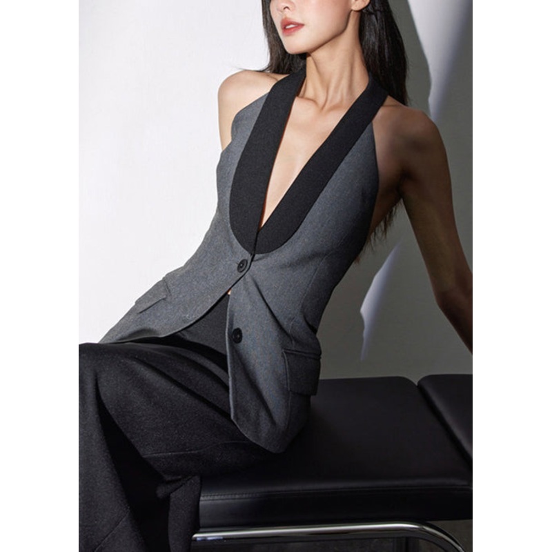 New Grey Backless Button Patchwork Spandex Tank Sleeveless