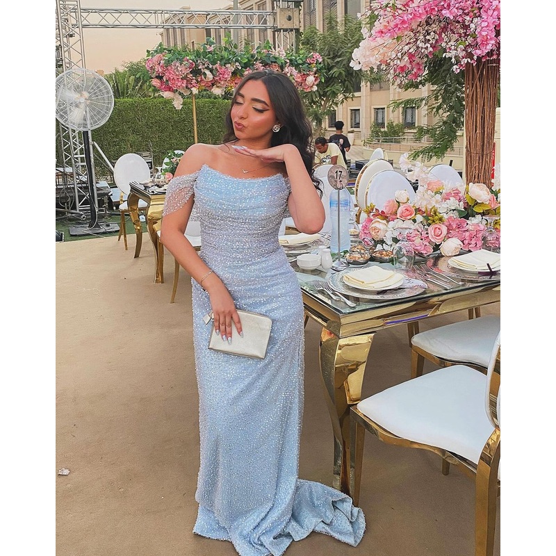 Off The Shoulder Blue Sequin Mermaid Long Prom Dress J5099