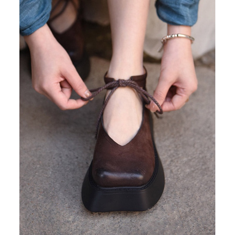 Original Design Coffee Cowhide Leather Platform Shoes Lace Up