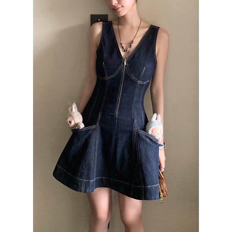 Original Design Navy V Neck Zippered Denim Mini Dresses Sleeveless
