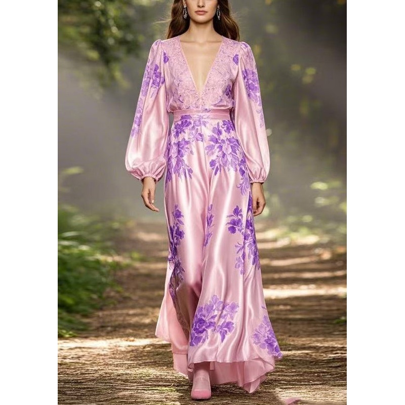 Original Pink V Neck Print High Waist Silk Dresses Spring