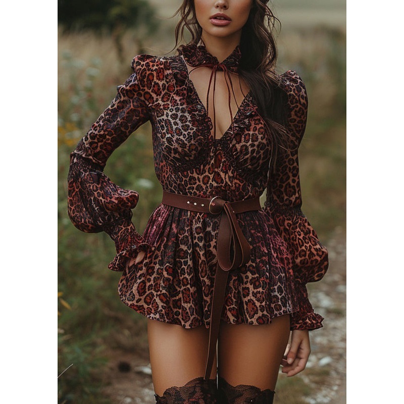 Pastoral Style Leopard Ruffled Mini Dresses Lantern Sleeve