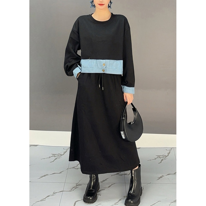 Plus Size Black O-Neck Denim Patchwork Pockets Maxi Dresses Spring