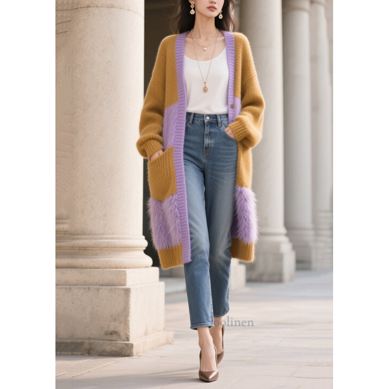 Plus Size Colorblock Oversized Patchwork Faux Fur Knit Cardigan Winter