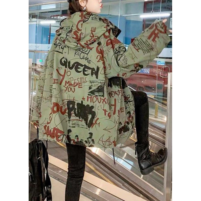 Plus Size Green Hooded Letter Pockets Cotton Coats Spring