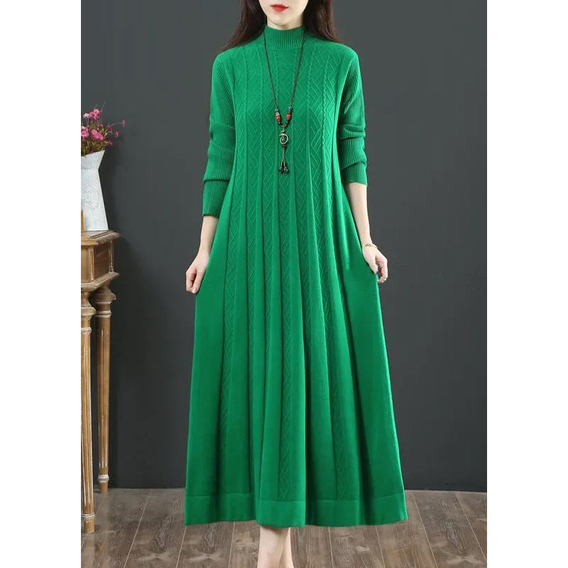 Plus Size Green Stand Collar Exra Large Hem Knit Holiday Dress Spring
