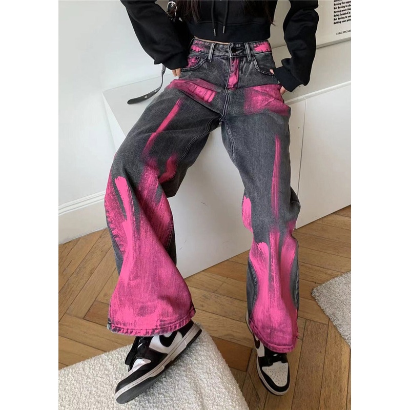 Plus Size Grey Graffiti Denim Straight Pants Spring