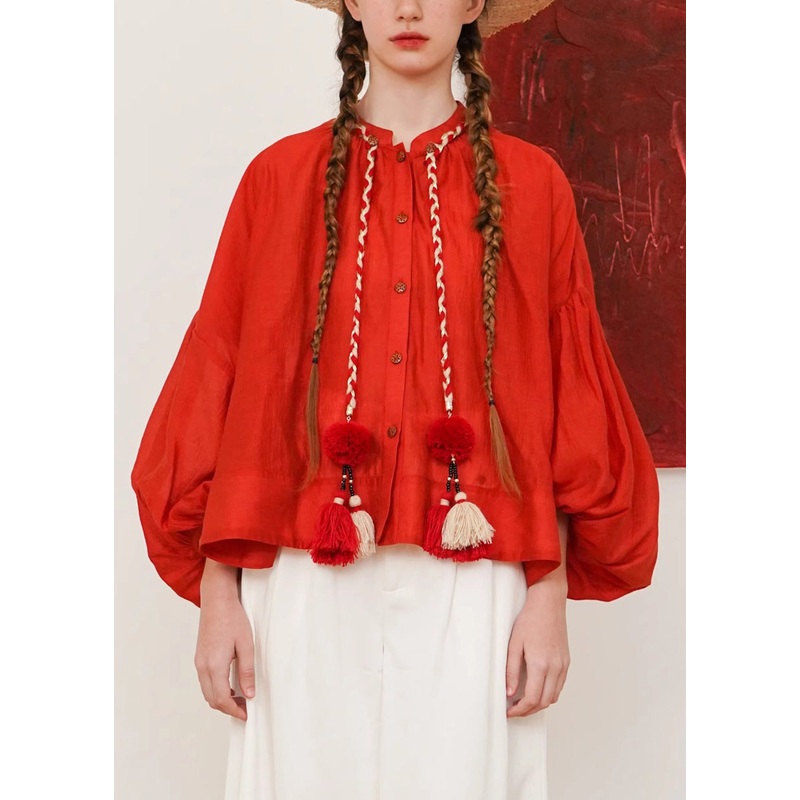 Plus Size Red Button Solid Cotton Shirt Fall