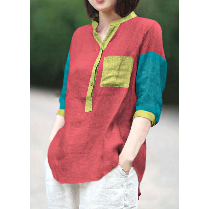 Plus Size Stand red Linen Blouses top Half Sleeve