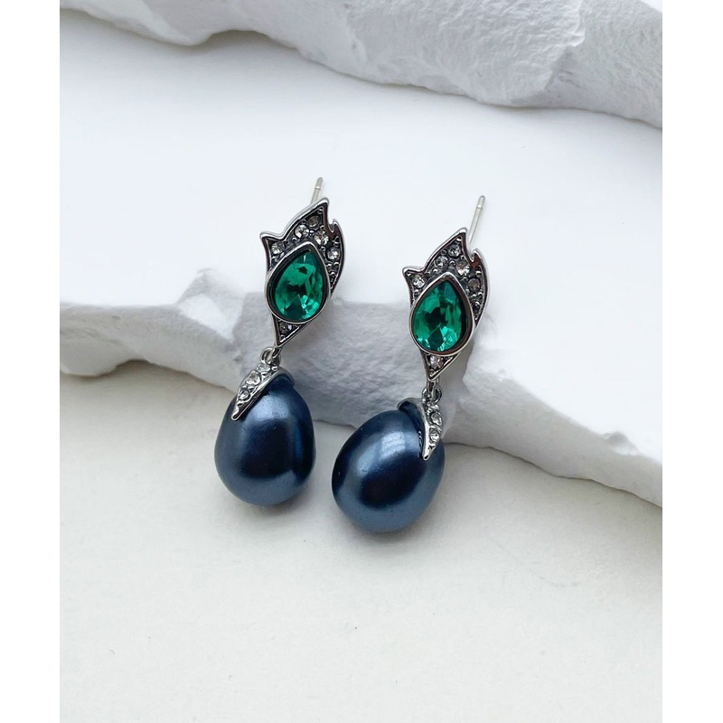 Retro Royal Blue Copper Glass Pearl Floral Tassel Drop Earrings