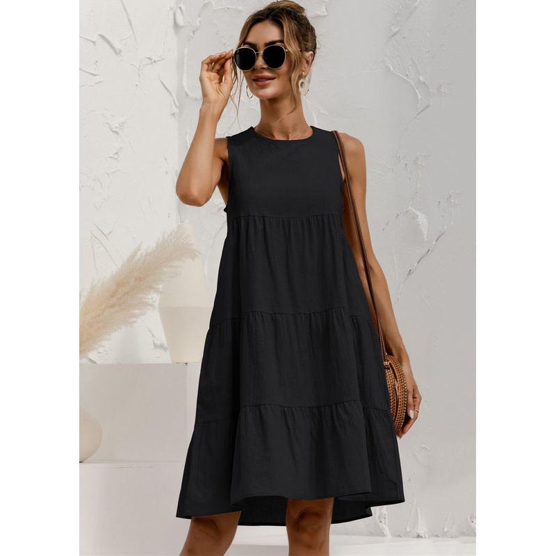 Round Neck Sleeveless Patchwork Cotton A Line Dress Summer