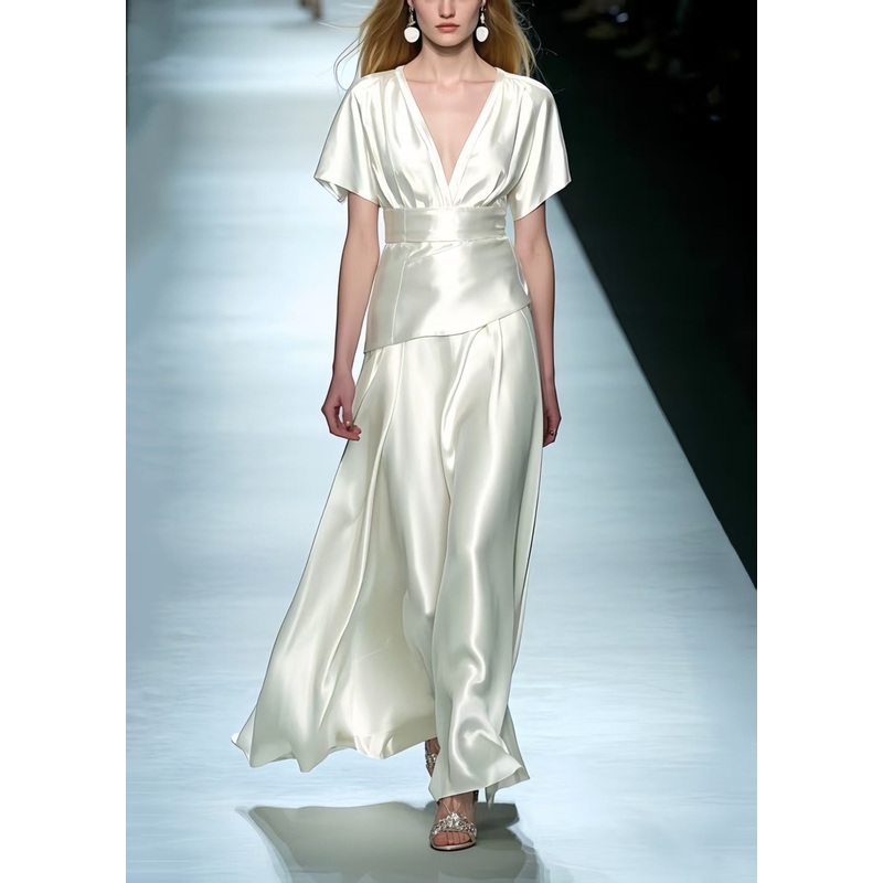 Simple Milk White Exra Large Hem Draping Silk Party Dress Summer