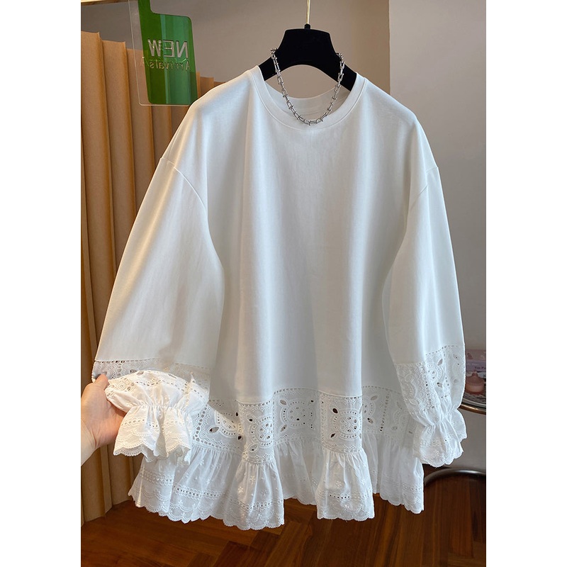 Simple White O Neck Hollow Out Lace Patchwork Cotton Top Spring
