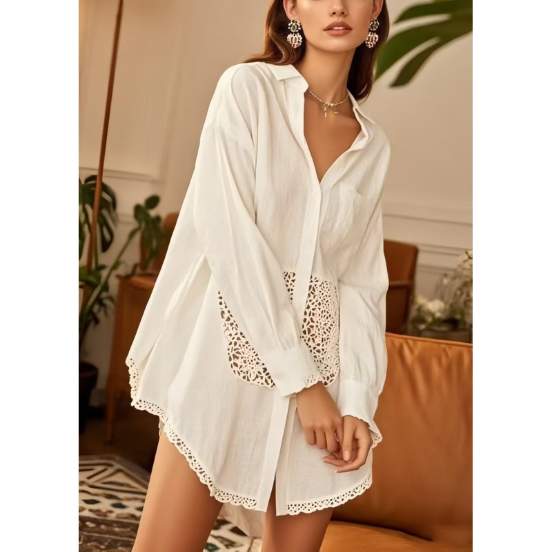 Simple White Oversized Patchwork Cotton Top Spring