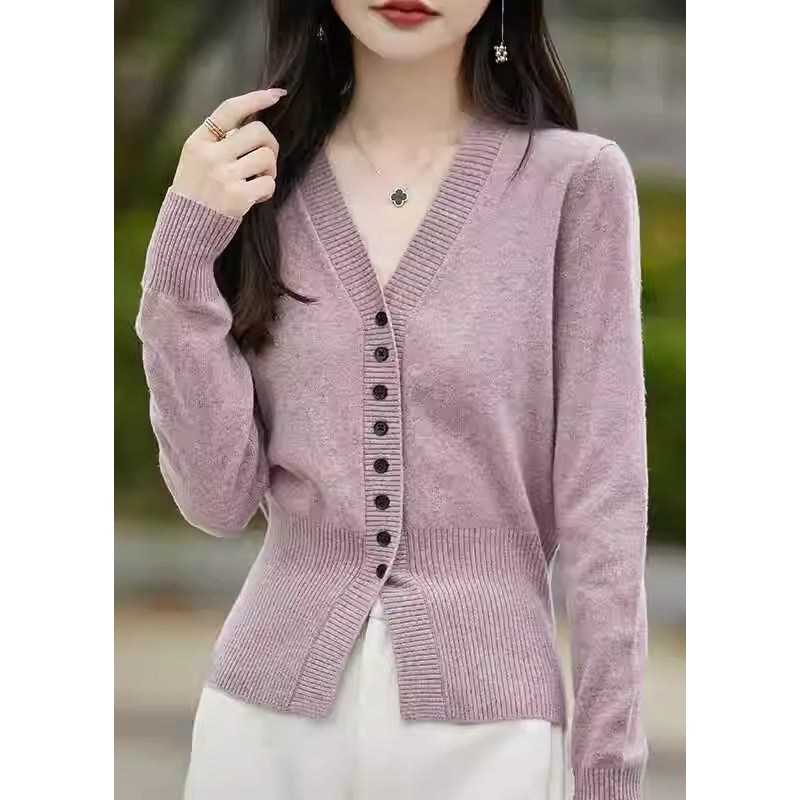 Slim Fit Purple V Neck Button Knit Sweaters Spring