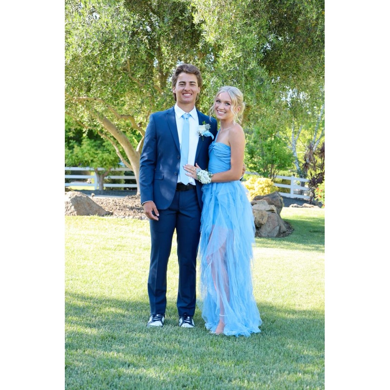 Strapless A Line Blue Long Prom Dress Ruffle Formal Party Dress J5491