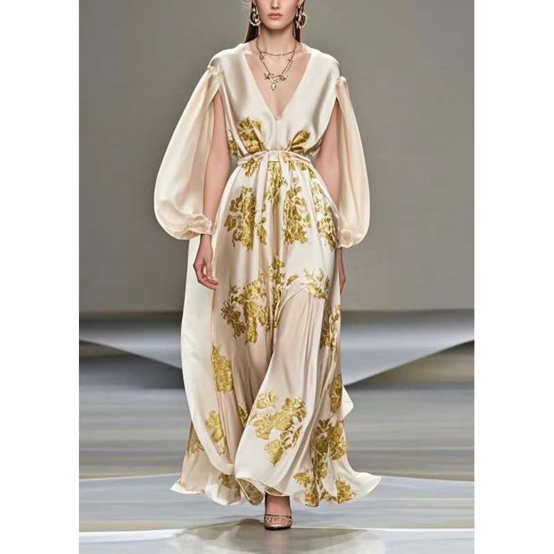 Style Champagne V Neck Print Silk Maxi Dress Cloak Sleeves